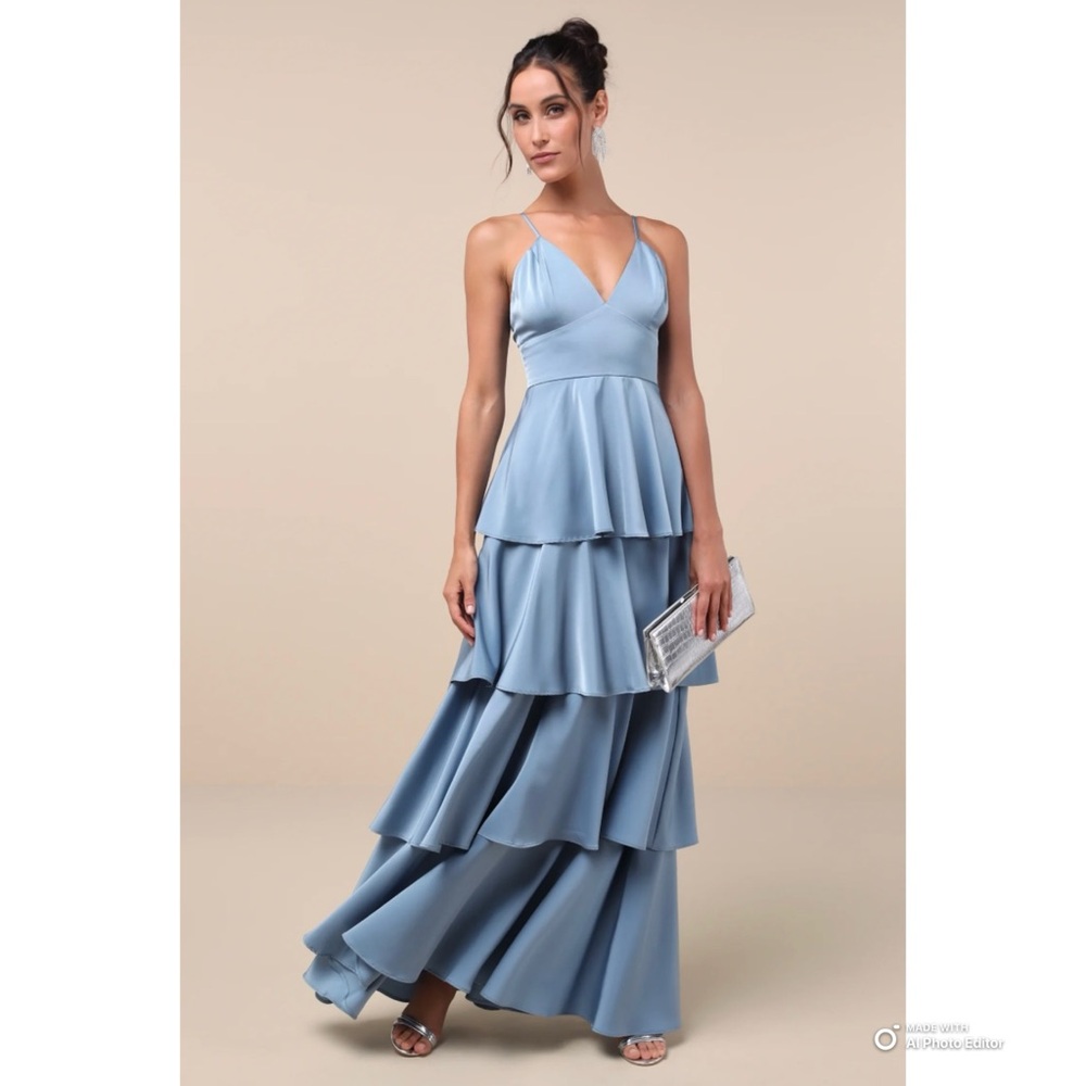 Lulus XL Going With Elegance Slate Blue Satin Tiered Gown Maxi Dress NWT Formal